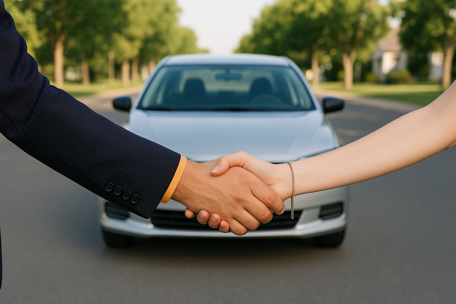 Apretón de manos frente a un auto simbolizando un acuerdo de compraventa seguro